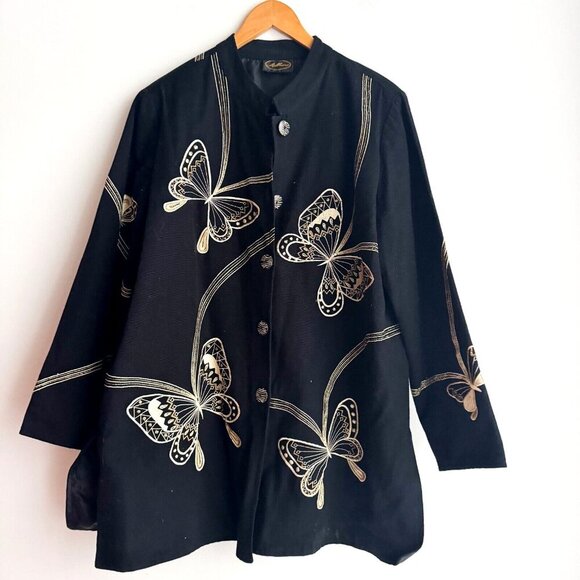 Vintage Allure Black Gold Butterly Print embroidered Blazer Jacket XL - Picture 9 of 9